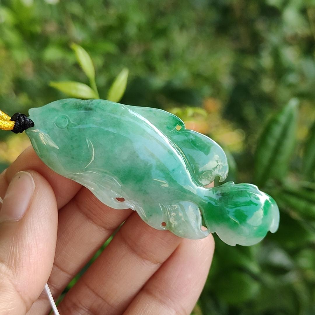 A (Type) Natural Jadeite Jade Light Green with Green crafted as Fish pendant [Collection], certificate weighs 8.69 grams, measurement 59 * 23.6 * 4.6 mm (pendant299) Yi Pin Qian Jadeites Jade Jewelry ~Your Precious Quintessential ~ Singapore