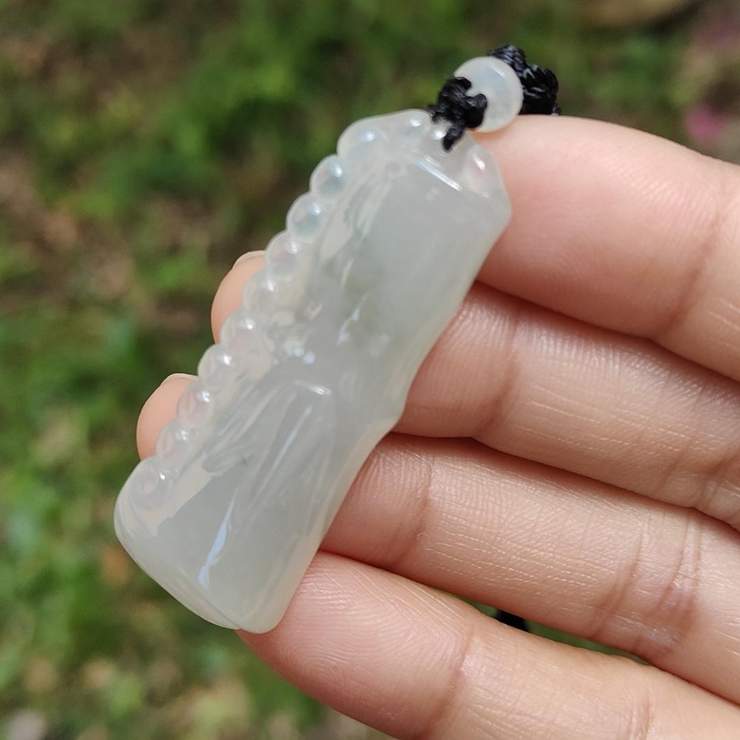 Special Offer Price Semi Icy Bamboo Natural Type A Jadeite Pendant Necklace with QIC approved labs certificate weigh 13.67 grams, 44.3 * 16 * 8.7 mm, symbols of Rising higher and everlasting, suitable for daily wear (pendant53) Yi Pin Qian