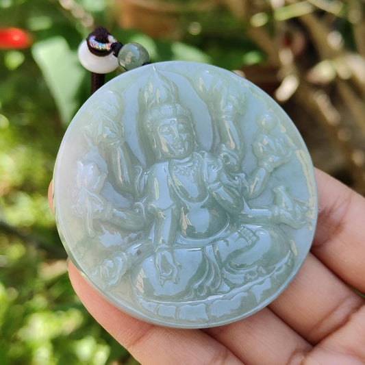Light Green Natural Type A Jadeite Pendant Necklace crafted as Thousand Hands Guanyin with certificate weigh 48.82 grams, 57.6 * 57.6 * 7.2 mmsymbols of Eliminate obstacles and resolve all disasters, peace and auspiciousness for daily wear (pendant43) Yi Pin Qian