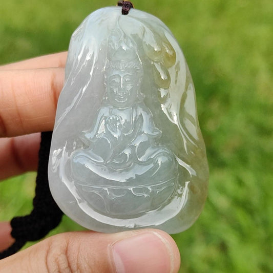Light Green and Yellow Natural Type A Jadeite Jade Pendant Necklace crafted with Guanyin, certificate included weigh 34.84 grams, Measurement 52 * 35.9 * 11.1 mm (pendant176) Yi Pin Qian