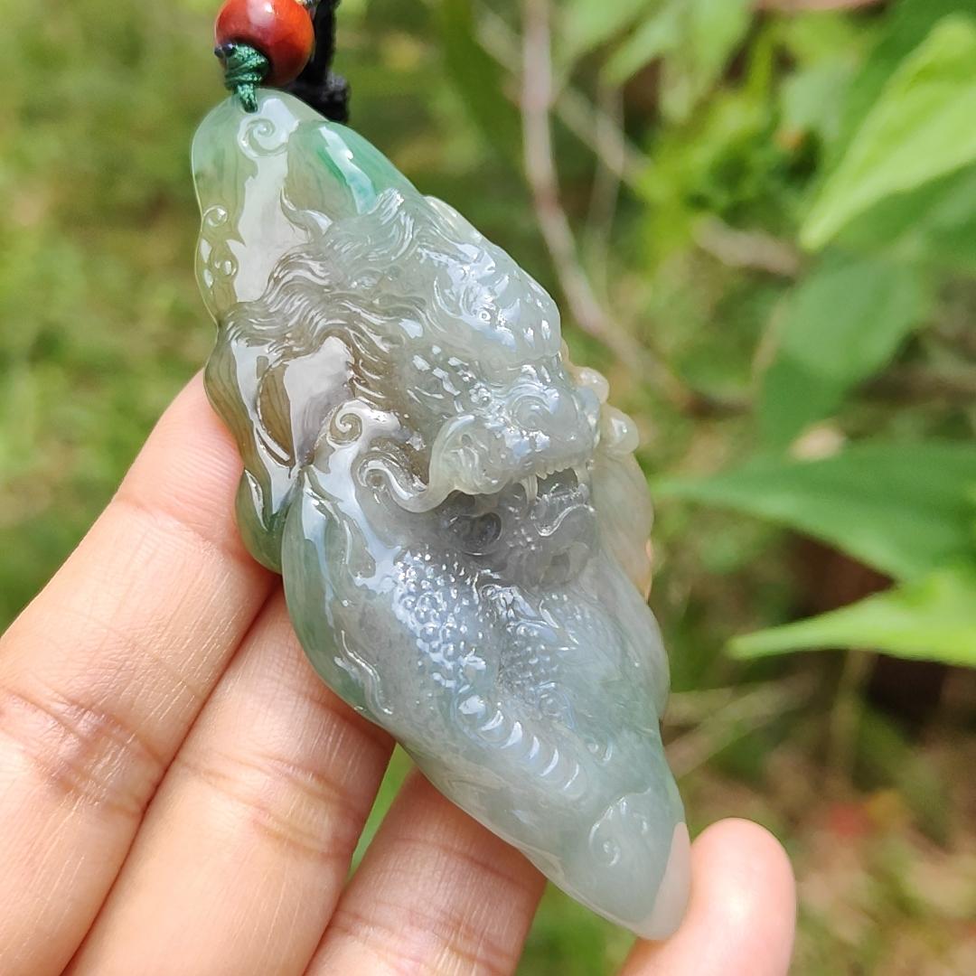 Super Rare Hugh Green and Yellow Natural Type A Jadeite Pendant Necklace Crafted with a Domineering Dragon symbols of Rise step by step, rise rapidly, with certificate weigh 44.19 grams, 77.2 * 37.5 * 15.8 mm (pendant25) Yi Pin Qian