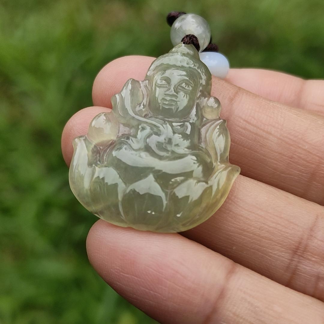 Icy Yellow Natural Type A Jadeite Pendant Necklace crafted as Baby Guanyin seating on Lotus, with certificate weigh 4.78 grams, measurement 31.5 * 26 * 4.3 mm (pendant40) Yi Pin Qian