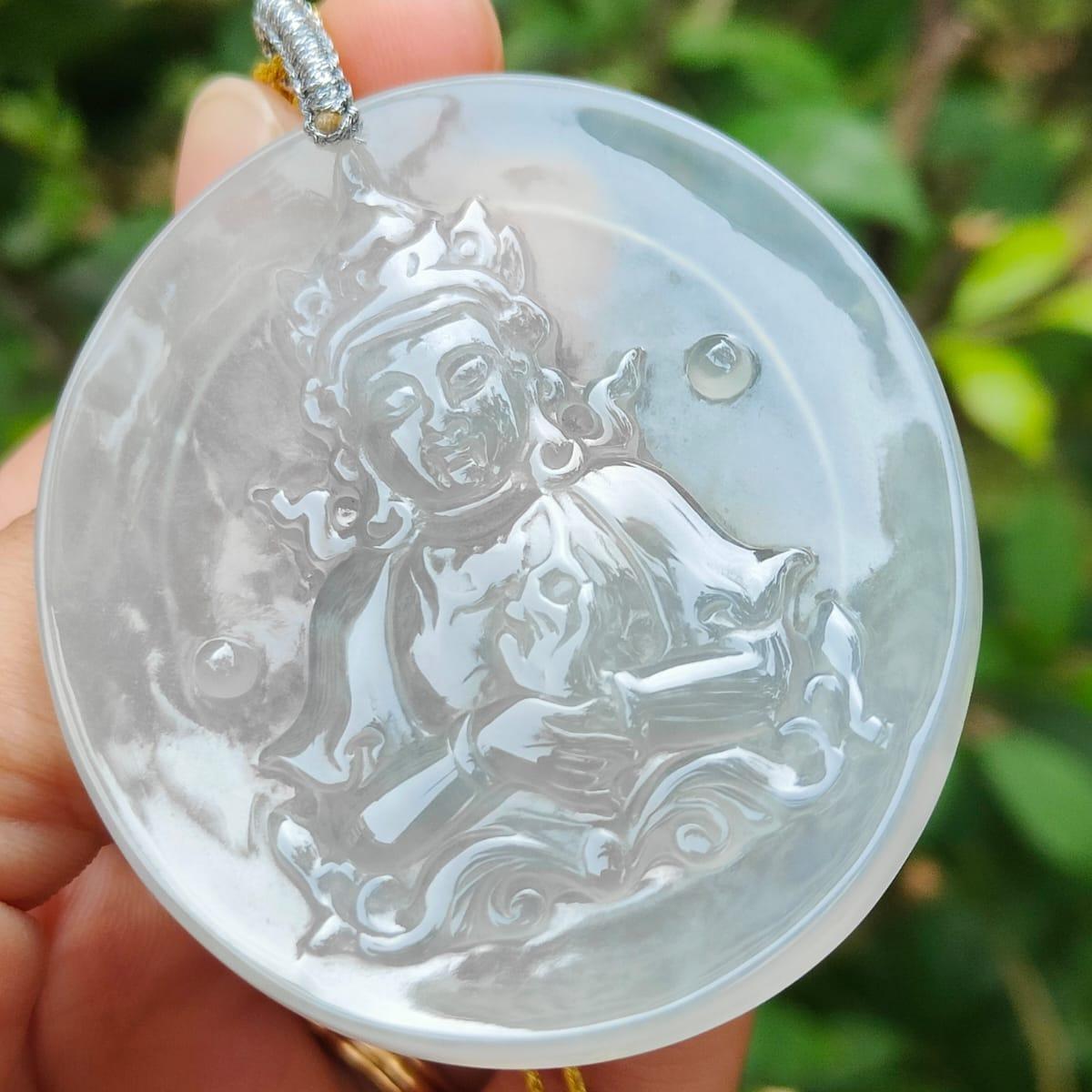 Super Rare ~ Old Collection #2 ~ Crafted as Guanyin Pendant on High Translucent Natural Type A Jadeite Jade certificate weighs 24.35 grams, measurement 52.3 * 46.3 * 4.3 mm (pendant363)