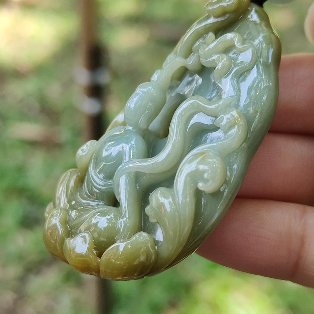 #Sold - Good Quality Yellow and Green Natural Type A Jadeite Jade crafted with Ruyi and Faceless Buddha as Pendant, QIC approved labs certificate weigh 45.18 grams, measurement 53.1 * 38.3 * 14.8 mm (pendant273)