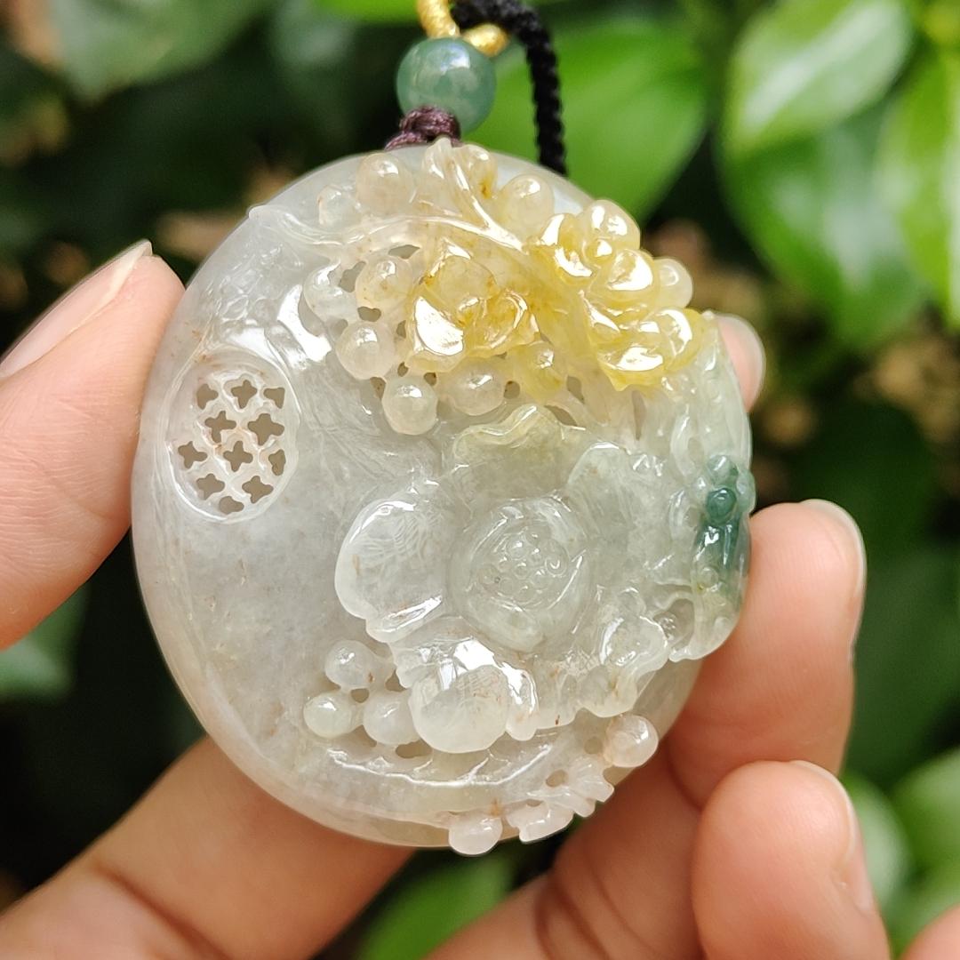 Rare Old Collection Old School Flowers Pendant Yellow and Green Natural Type A Jadeite Jade certificate weighs 42.61 grams, measurement 46.8 * 40.8 * 13.2 mm (pendant387) Yi Pin Qian Jadeites Jade Jewelry ~Your Precious Quintessential ~ Singapore