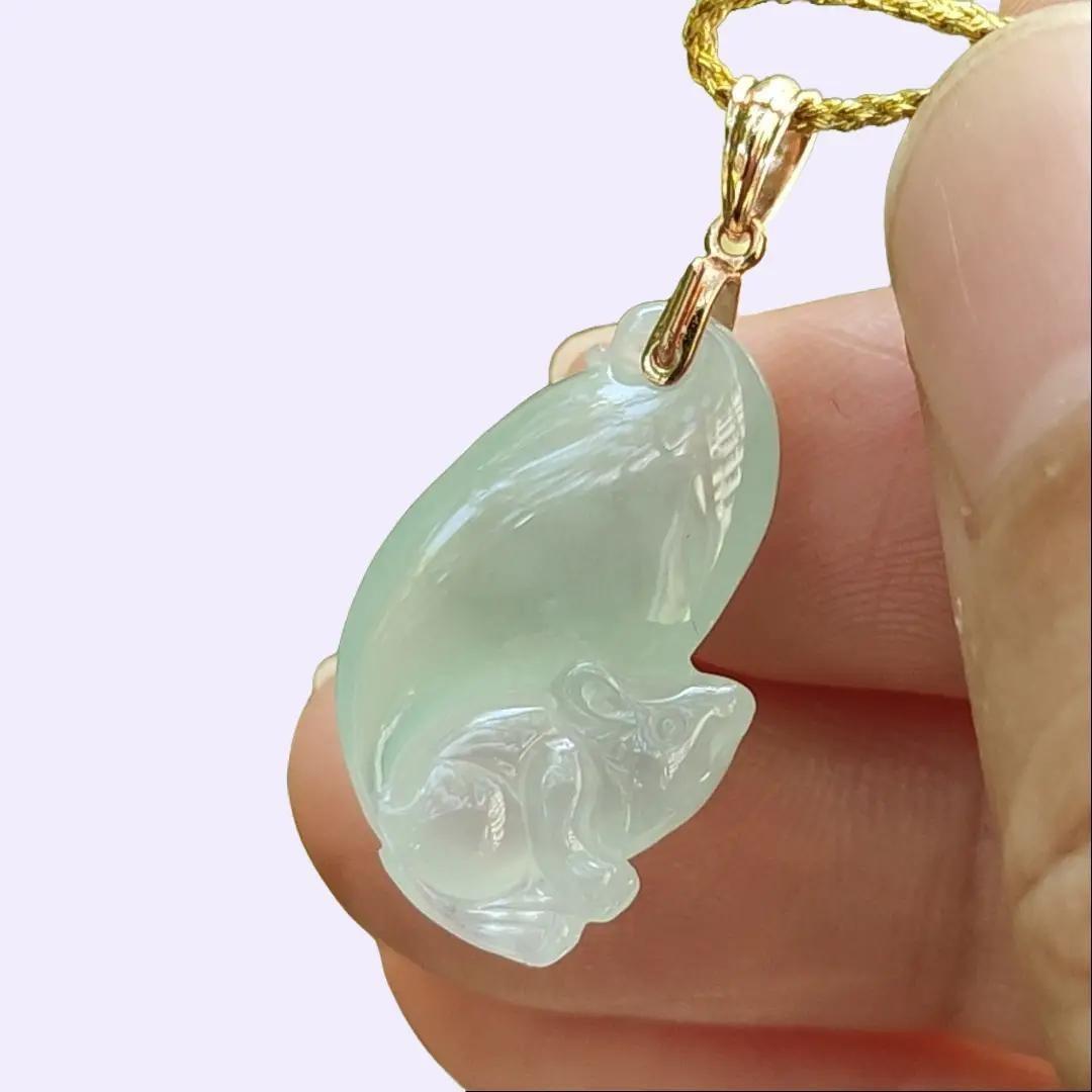A Premium Quality Collection - Squirrel Pendant Natural Type A Jadeite Jade added 18k Clasp, certificate weighs 2.18 grams, measurement 21 * 12.9 * 6 mm (18kp97) Yi Pin Qian Jadeites Jade Jewelry ~Your Precious Quintessential ~ Singapore