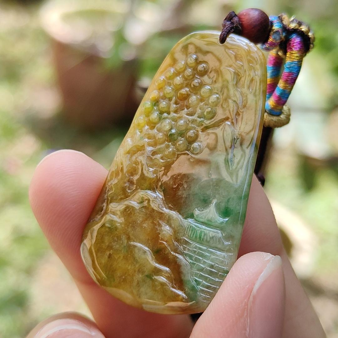 Rare quality Yellow with reddish brown and green Natural Type A Jadeite Jade crafted with sceneries as pendant, certificate weigh 11.38 grams, measurement 45.6 * 24.3 * 5.2 mm (pendant216) Yi Pin Qian
