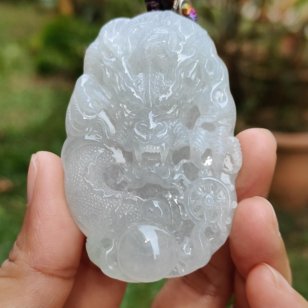 Semi Icy Premium Natural Type A Jadeite Jade crafted as Dragon with certificate weigh 49.63, measurement 64.8 * 42.5 * 10.5 mm (pendant190) Yi Pin Qian