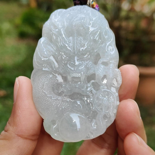 Semi Icy Premium Natural Type A Jadeite Jade crafted as Dragon with certificate weigh 49.63, measurement 64.8 * 42.5 * 10.5 mm (pendant190) Yi Pin Qian