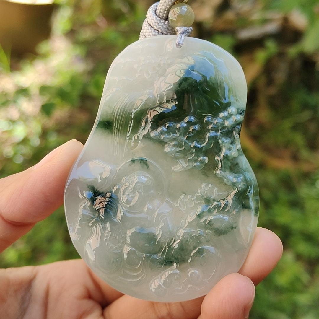Premium Rare Semi Icy Natural Type A Jadeite crafted with Scenery and Laughing Buddha, certificate included weigh 51.59 grams, 71.8 * 53.1 * 7.5 mm, collector item, (pendant51), Yi Pin Qian