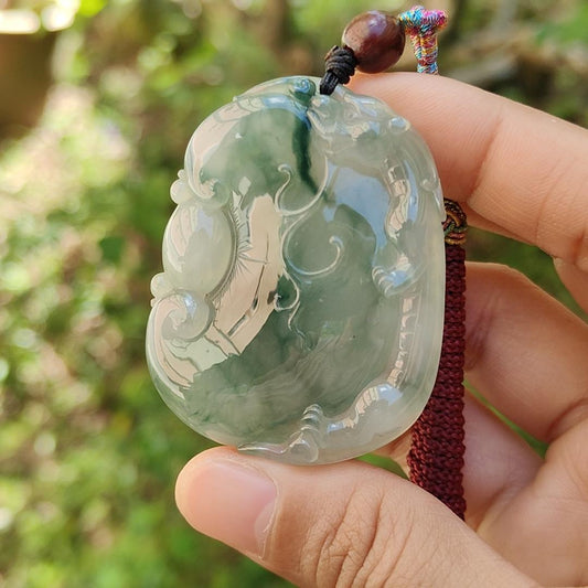 Old Pit Rare Green with Floating green patches (piaohua) Natural Type A Jadeite Pendant Necklace crafted with Ruyi and vintage Chinese Dragon, certificate included weigh 34.87 grams, 50 * 39.5 * 9.7 mm (pendant29) Yi Pin Qian