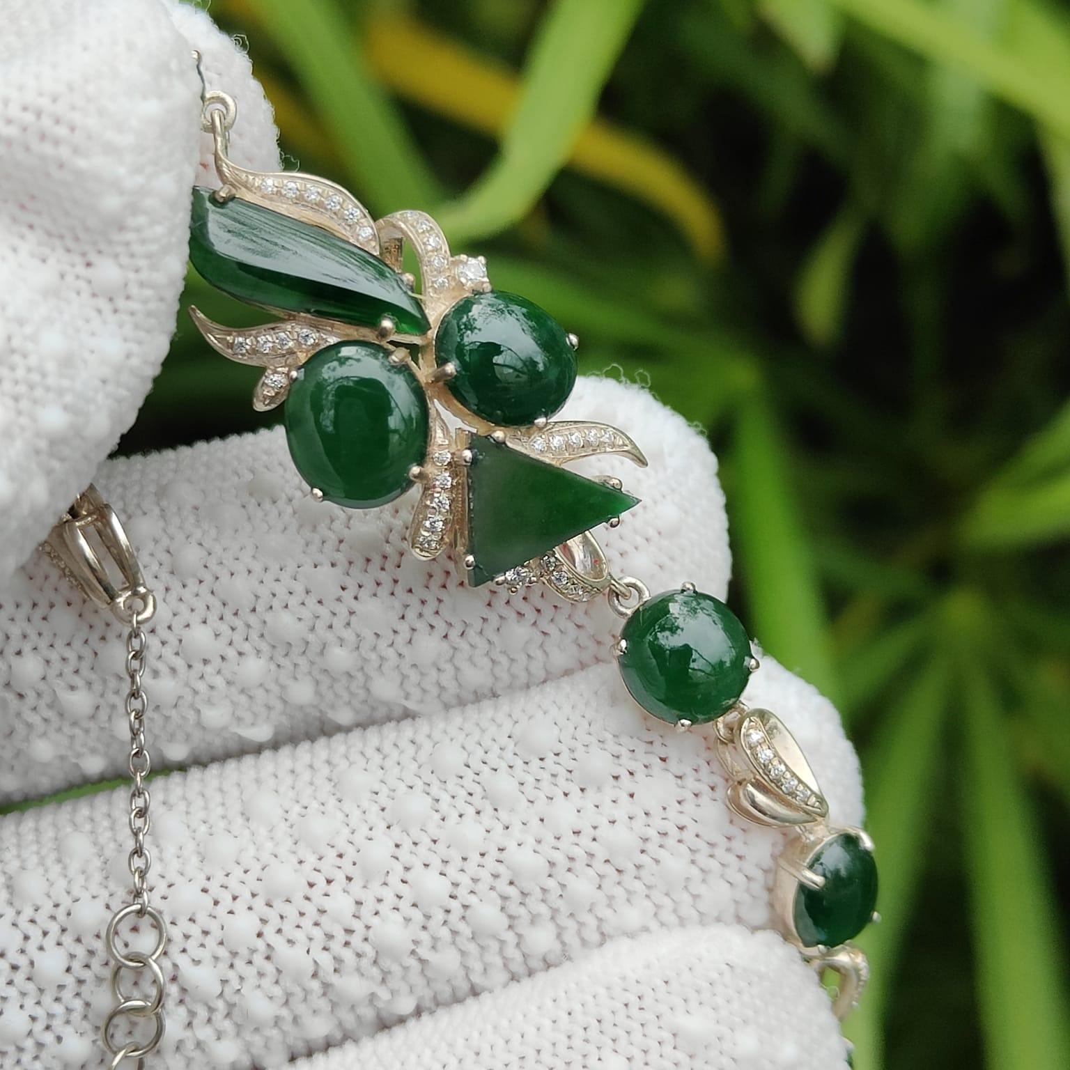10 Dark Green Multi Shapes Cabochons crafted on Natural Type A Jadeite Jade set with High quality S925 as Bracelet, certificate weighs 7.66 grams (s925b6) Yi Pin Qian Jadeites Jade Jewelry ~Your Precious Quintessential ~ Singapore