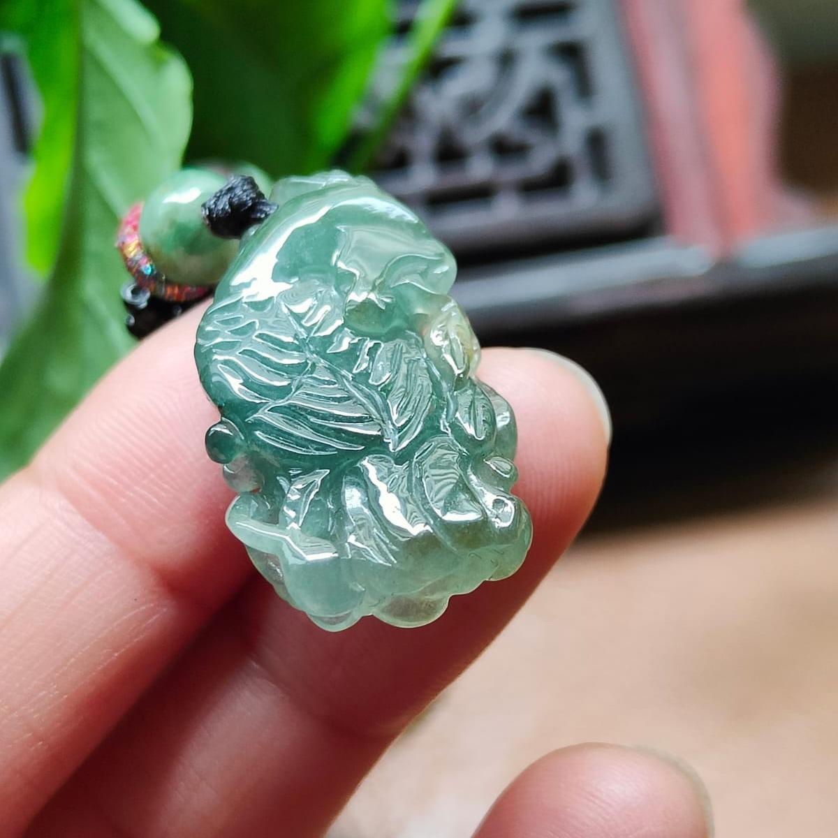 #Sold - Semi Icy Crafted as Parrot on Oil Green Natural Type A Jadeite Jade certificate weighs 6.19 grams, measurement 29.8 * 16.2 * 8 mm (pendant377)