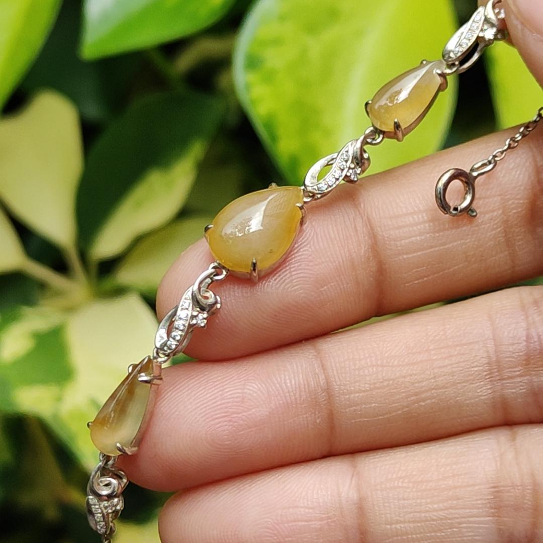 Excellent Yellow Cabochons Semi to Icy Translucent Quality Natural Type A Jadeite Jade as Bracelet set on S925, certificate weighs 3.95 grams, measurement see descriptions(s925b2) Yi Pin Qian
