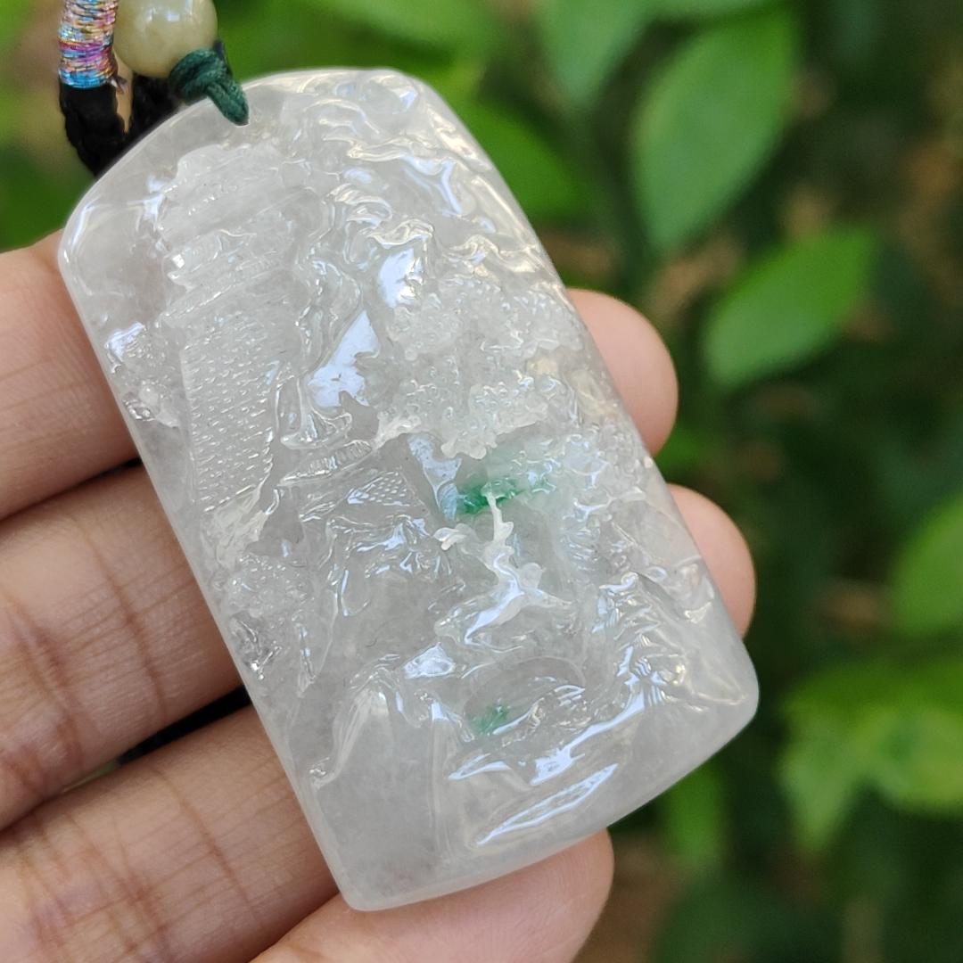 High Quality Good Translucent Light Green with Green Patches Crafted with Scenery Natural Type A Jadeite Jade as Pendant certificate weighs 26.66 grams, measurement 48.1 * 28 * 11.8 (pendant313) Yi Pin Qian Jadeites Jade Jewelry ~Your Precious Quintessential ~ Singapore