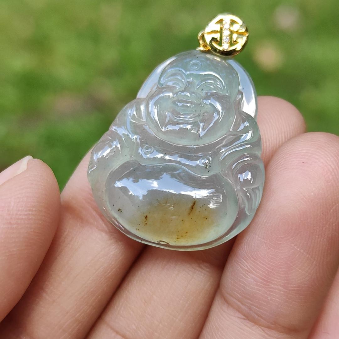 Rare Old Pit Icy Translucent with Yellow and Light Green Hue Collectible Natural Type A Jadeite Jade crafted as Milo Buddha added with 18k Gold Clasp as Pendant, certificate weighs 6.09 grams, measurement 26.8 * 23.2 * 6 mm (18kp63) Yi Pin Qian Jadeites Jade Jewelry ~Your Precious Quintessential ~ Singapore