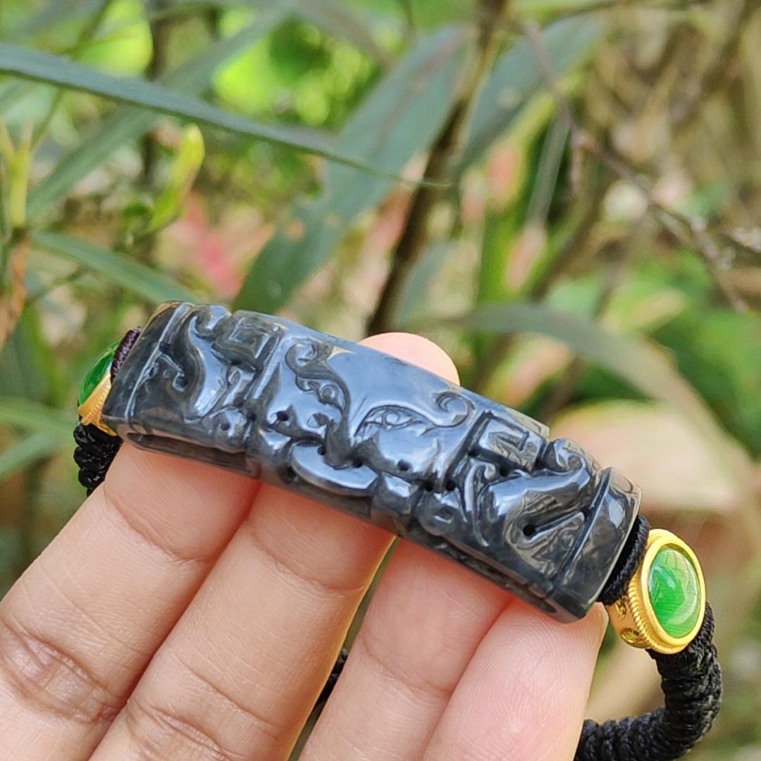 Wuji Black Natural Type A Jadeite Bracelet crafted with Tao Tie, symbols of Power and abundance and Money, with certificate weigh, mm 11.17 grams, 48.8 * 13.3 * 6.9 (bracelet7) Yi Pin Qian