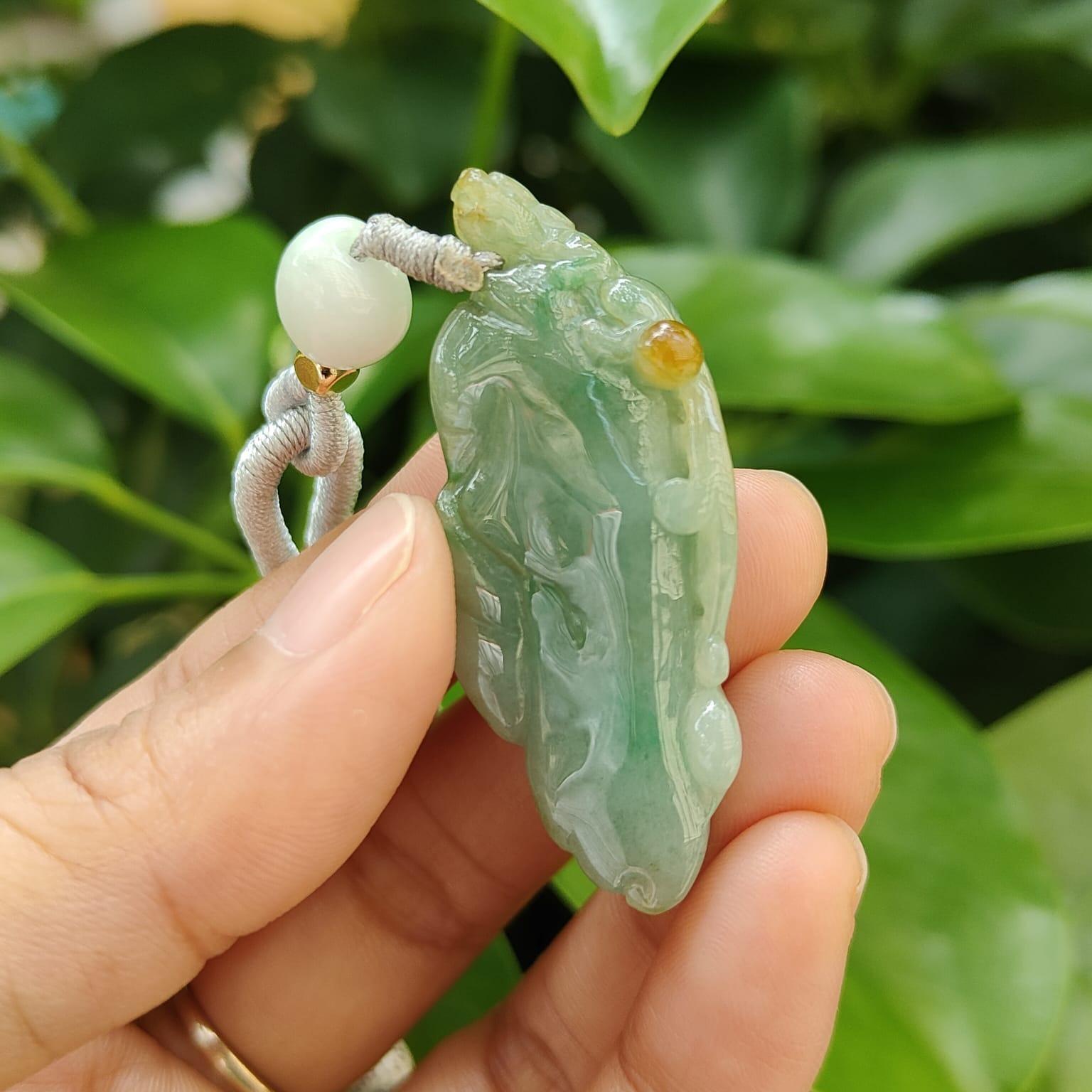 Green with Yellow Natural Type A Jadeite Jade crafted with Ruyi and Pixiu as pendant, certificate weighs 16.67 grams, measurement 47.2 * 19.8 * 13.3 mm (pendant344) Yi Pin Qian Jadeites Jade Jewelry ~Your Precious Quintessential ~ Singapore