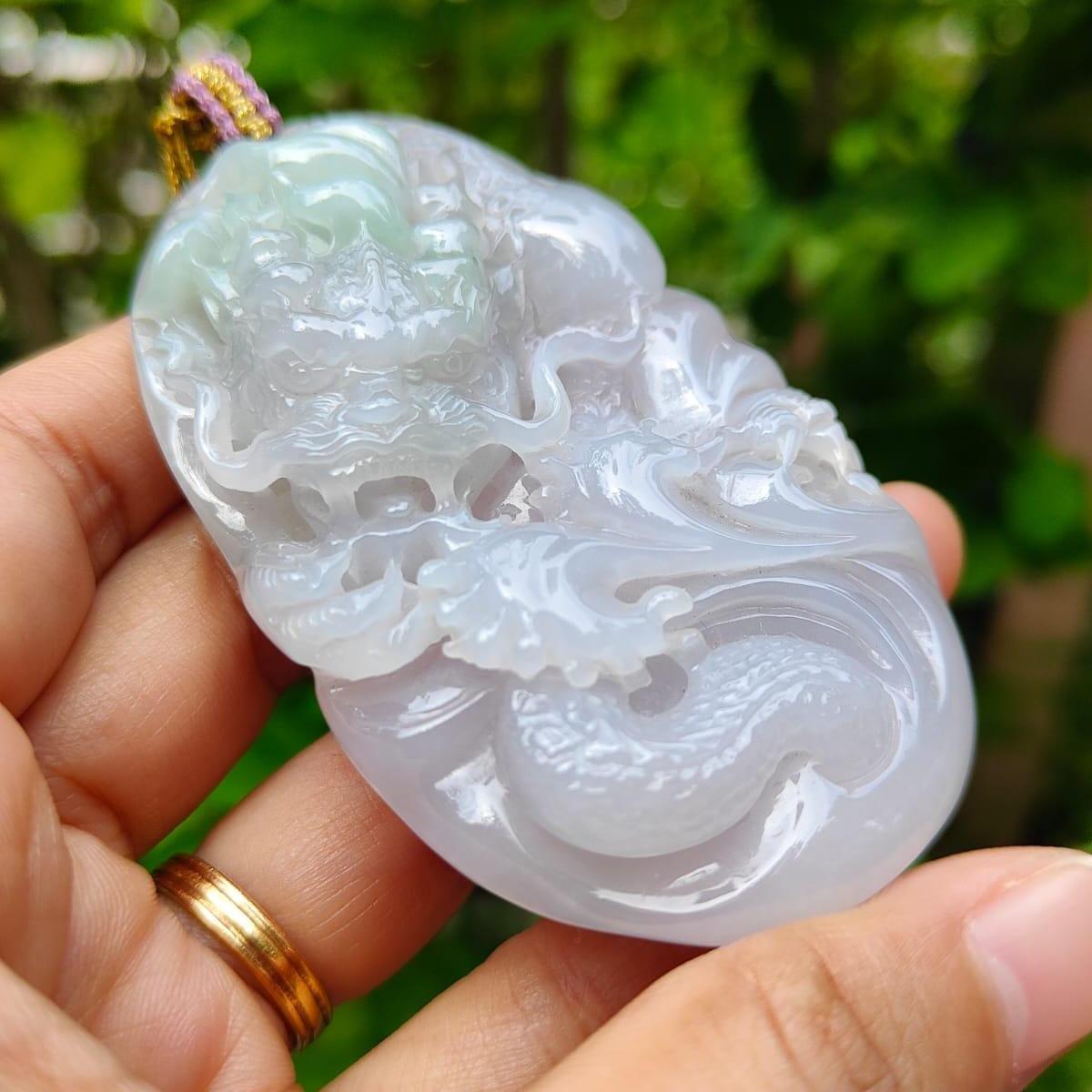 Hugh Dragon #2 Crafted on Natural Type A Jadeite Jade as Pendant, certificate weighs 88.3 grams, measurement 74 * 44.2 * 17 mm (pendant365)
