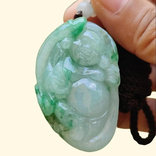 Rare High Quality Light Green and Green Natural Type A Jadeite Jade crafted with Milo Buddha as Pendant, certificate weighs 28.04 grams, measurement 46.3 * 30.3 * 13.9 mm (pendant285) Yi Pin Qian