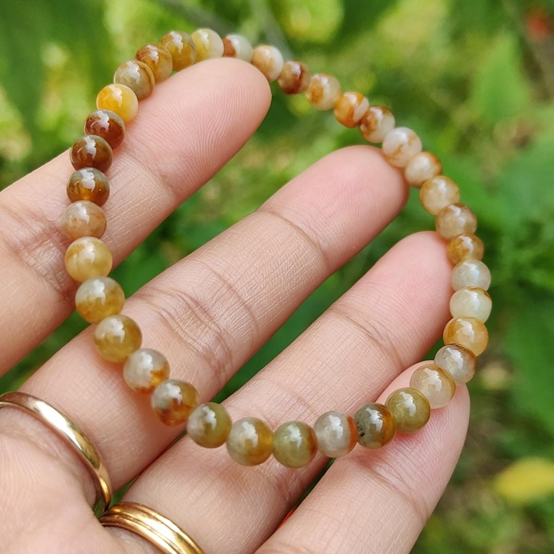 Elegant and Good Quality 5.3mm Icy Yellow, Red, Brown Natural Type A Jadeite Jade 36 Beads Bracelet with QIC labs approved certificate weigh 8.76 grams (bracelet13) Yi Pin Qian