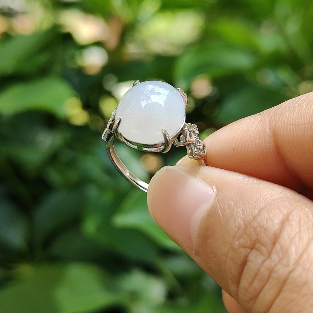 High Quality Semi Icy Cabochon with good Translucency Natural Type A Jadeite Jade set with S925 as adjustable Ring, certificate weighs 2.75 grams, measurement 12.9 * 11 * 4.8 (s925ring15) Yi Pin Qian Jadeites Jade Jewelry ~Your Precious Quintessential ~ Singapore