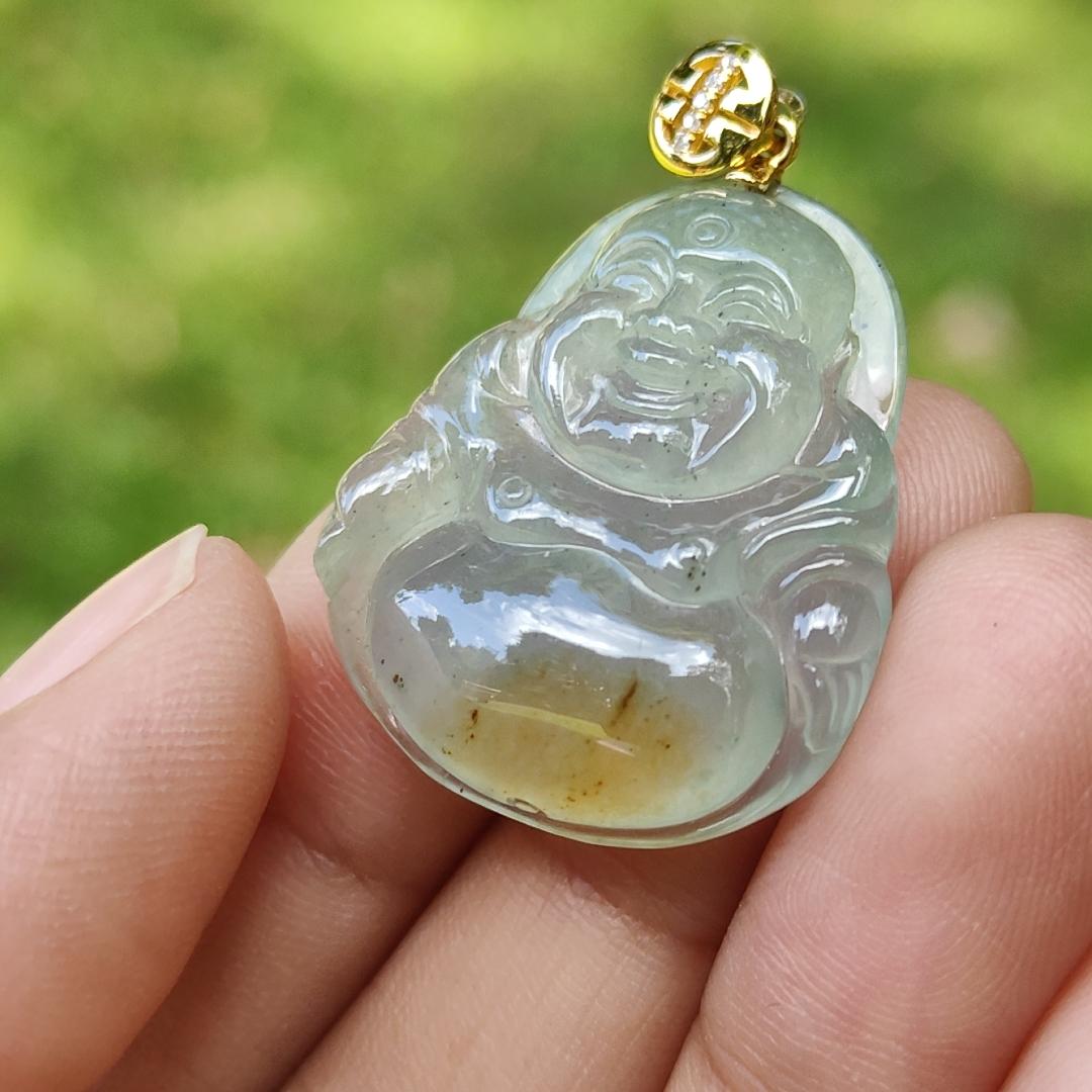 Rare Old Pit Icy Translucent with Yellow and Light Green Hue Collectible Natural Type A Jadeite Jade crafted as Milo Buddha added with 18k Gold Clasp as Pendant, certificate weighs 6.09 grams, measurement 26.8 * 23.2 * 6 mm (18kp63) Yi Pin Qian Jadeites Jade Jewelry ~Your Precious Quintessential ~ Singapore