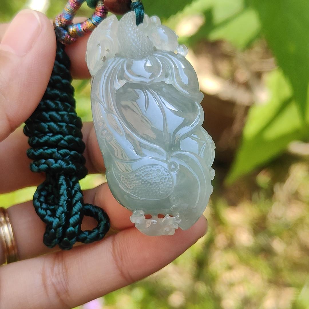 Premium Light Green Semi Icy Natural Type A Jadeite Jade Pendant crafted with frogs, coins and lotus with certificate weigh 35.12 grams, measurement 50.7 * 24.7 * 18.2 mm (pendant193) Yi Pin Qian