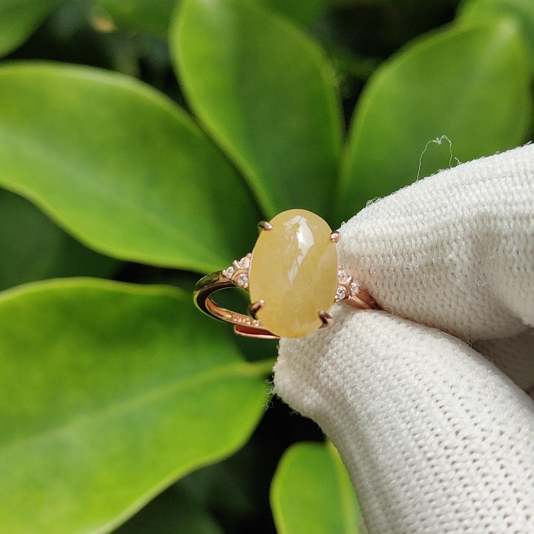 Yellow Cabochon Natural Type A Jadeite-Jade crafted as shape of oval set with size adjustable S925 Ring, certificate weighs 2.53 grams, measurement 13.3 * 9 * 3.2 mm (s925ring19) Yi Pin Qian Jadeites Jade Jewelry ~Your Precious Quintessential ~ Singapore