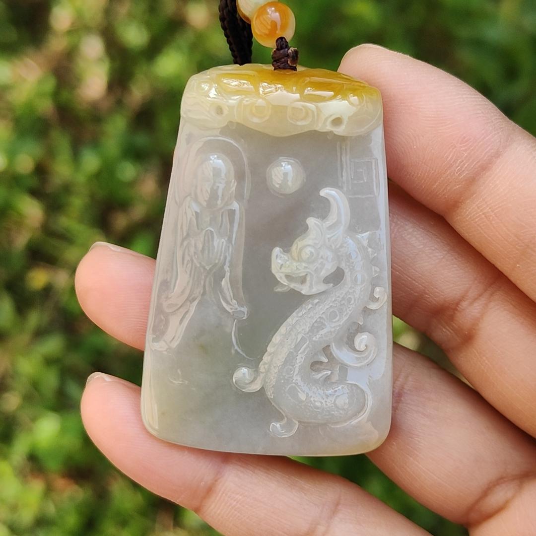 Rare Yellow and white Glutinous Natural Type A Jadeite Pendant Necklace crafted with faceless buddha and dragon olc school style with certificate weigh 37.61 grams, 51 * 33.2 * 10 mm (pendant101) Yi Pin Qian