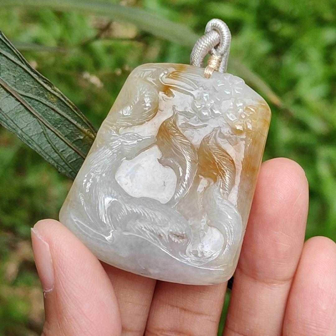 Yellow and White Semi Icy Natural Type A Jadeite Pendant Necklace crafted with nine tail fox symbols of Love, Charisma, and Good Luck, QIC Labs approved certificate included weigh 32.9 grams, 44 * 36 * 9 mm, suitable for daily wear Yi Pin Qian