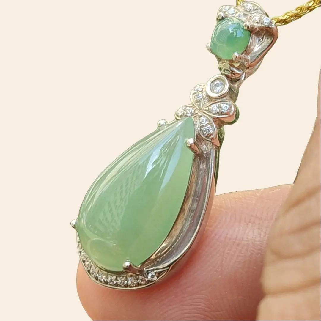 Apple Green Quality Translucent Drop Shape Cabochon on Natural Type A Jadeite Jade set on S925 as pendant, certificate weighs 3.12 grams, measurement 16.3 * 9.2 *4 mm (s925p3) Yi Pin Qian Jadeites Jade Jewelry ~Your Precious Quintessential ~ Singapore