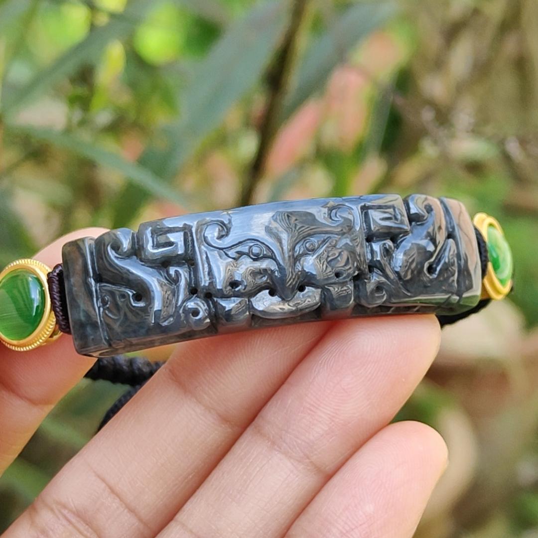 Wuji Black Natural Type A Jadeite Bracelet crafted with Tao Tie, symbols of Power and abundance and Money, with certificate weigh, mm 11.17 grams, 48.8 * 13.3 * 6.9 (bracelet7) Yi Pin Qian