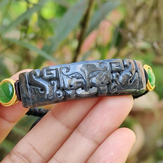 Wuji Black Natural Type A Jadeite Bracelet crafted with Tao Tie, symbols of Power and abundance and Money, with certificate weigh, mm 11.17 grams, 48.8 * 13.3 * 6.9 (bracelet7) Yi Pin Qian