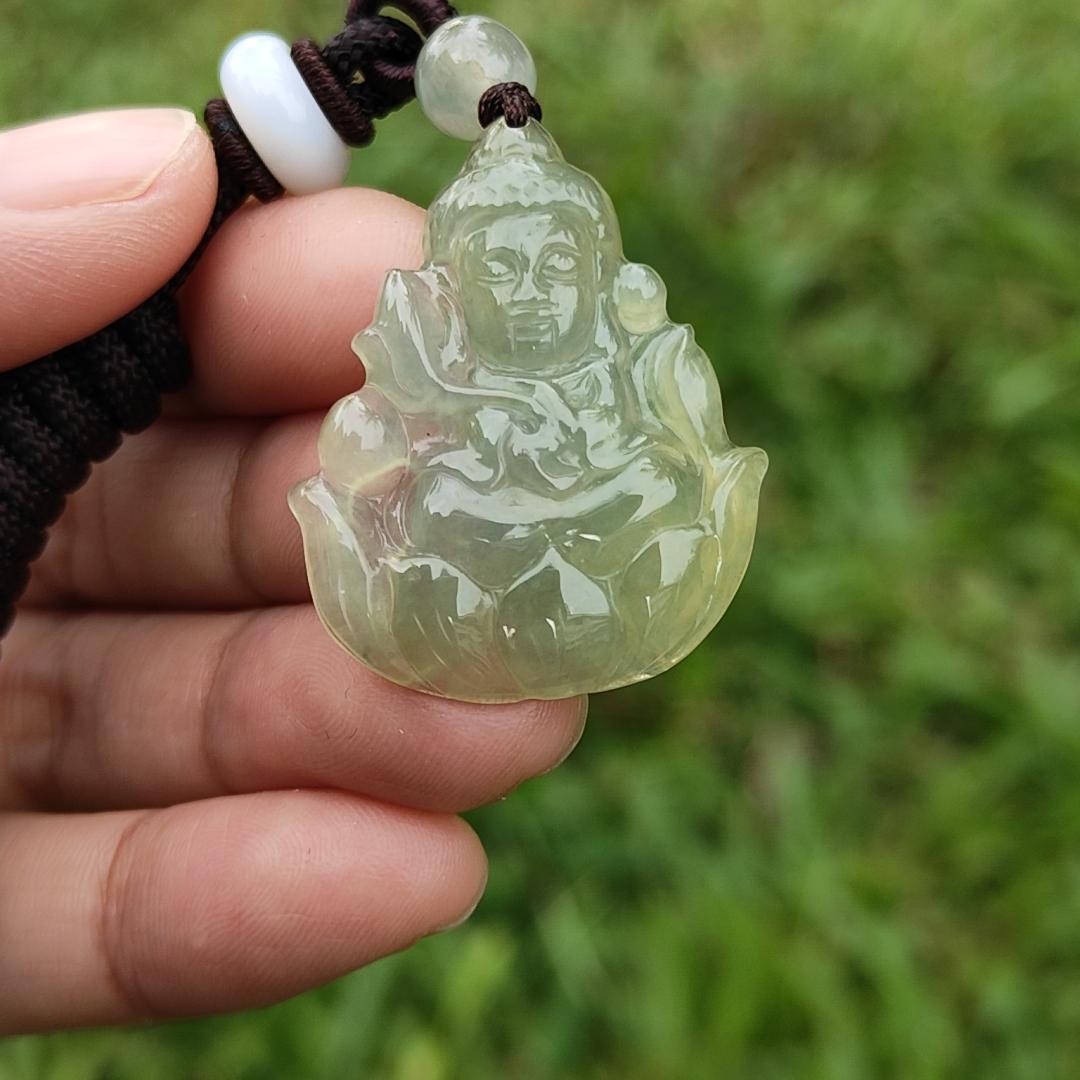 Icy Yellow Natural Type A Jadeite Pendant Necklace crafted as Baby Guanyin seating on Lotus, with certificate weigh 4.78 grams, measurement 31.5 * 26 * 4.3 mm (pendant40) Yi Pin Qian