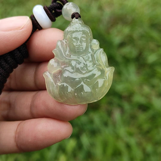 Icy Yellow Natural Type A Jadeite Pendant Necklace crafted as Baby Guanyin seating on Lotus, with certificate weigh 4.78 grams, measurement 31.5 * 26 * 4.3 mm (pendant40) Yi Pin Qian