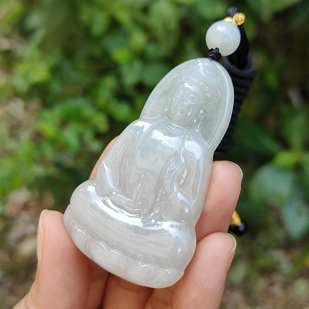 Semi Icy Natural Type A Jadeite Pendant carved as Guanyin with certificate weighs 23.87 grams, 60.3 * 37.1 * 6.2 mm, represents Compassion, wisdom and peace, suitable for daily wear (pendant83) Yi Pin Qian