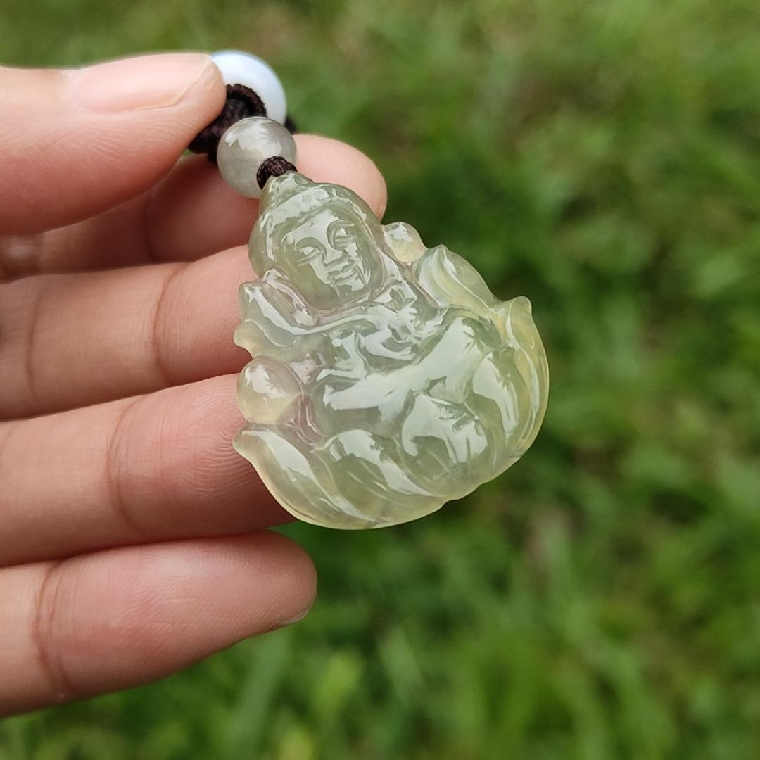 Icy Yellow Natural Type A Jadeite Pendant Necklace crafted as Baby Guanyin seating on Lotus, with certificate weigh 4.78 grams, measurement 31.5 * 26 * 4.3 mm (pendant40) Yi Pin Qian