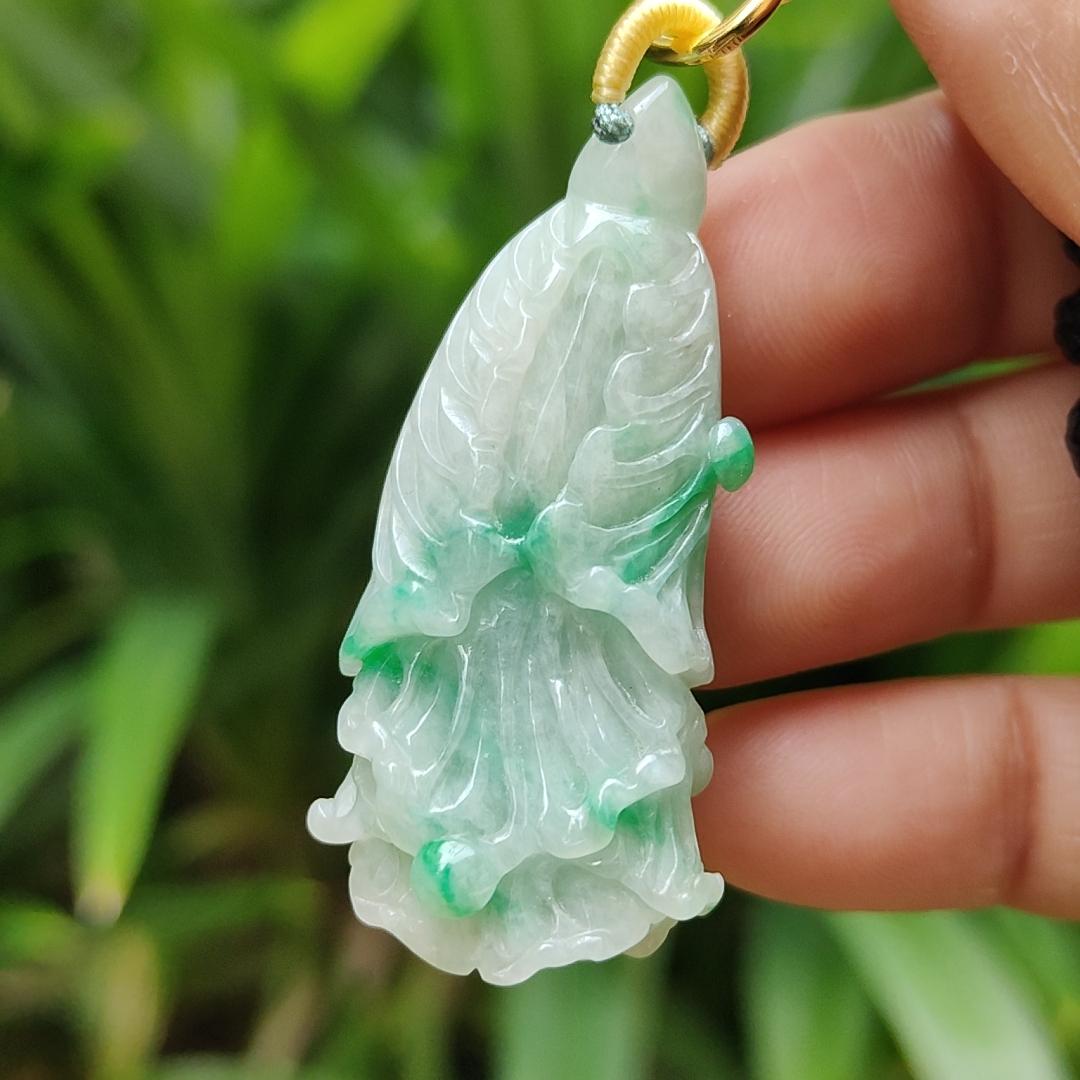 Rare Translucent Near White with Green Patches Natural Type A Jadeite pendant with NGI Gemstone report weight 72.19 grams, 44.87 * 20.83 * 14.52 mm carved as cabbage, with Gravity at 3.33 fine grain crystal aggregate suitable for daily wear (pendant127) Yi Pin Qian
