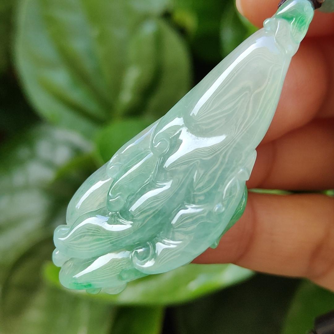 Very Beautiful Finger Citron Natural Type A Jadeite pendant jewelry with NGI Gemstone report weight 76.79 grams 52.83 * 24.26 * 9.38 mm - Highly Translucent very fine grain with patches of light green suffused to a paler ground (pendant151) Yi Pin Qian