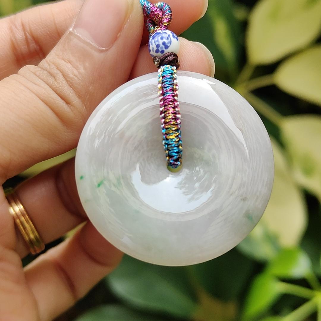 Singapore New Arrival Light Green, Light Lavender Natural Type A Jadeite Jade crafted with shape of Dounut as Pendant certificate weighs 15.63 grams, measurement 35.9 * 6 mm (pendant324) Yi Pin Qian Jadeites Jade Jewelry ~Your Precious Quintessential ~ Singapore