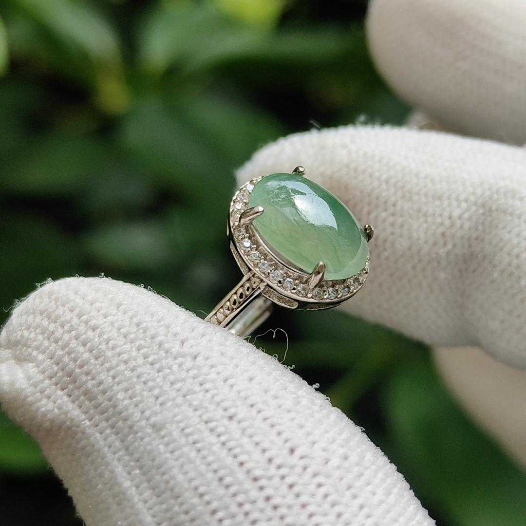 Crafted as Cabochon size 10.7 * 8 * 3mm on Light Green Natural Type-A Jadeite-Jade set with S925 adjustable as Ring, QIC approved Certificate weighs 2.25 grams (s925ring18) Yi Pin Qian Jadeites Jade Jewelry ~Your Precious Quintessential ~ Singapore