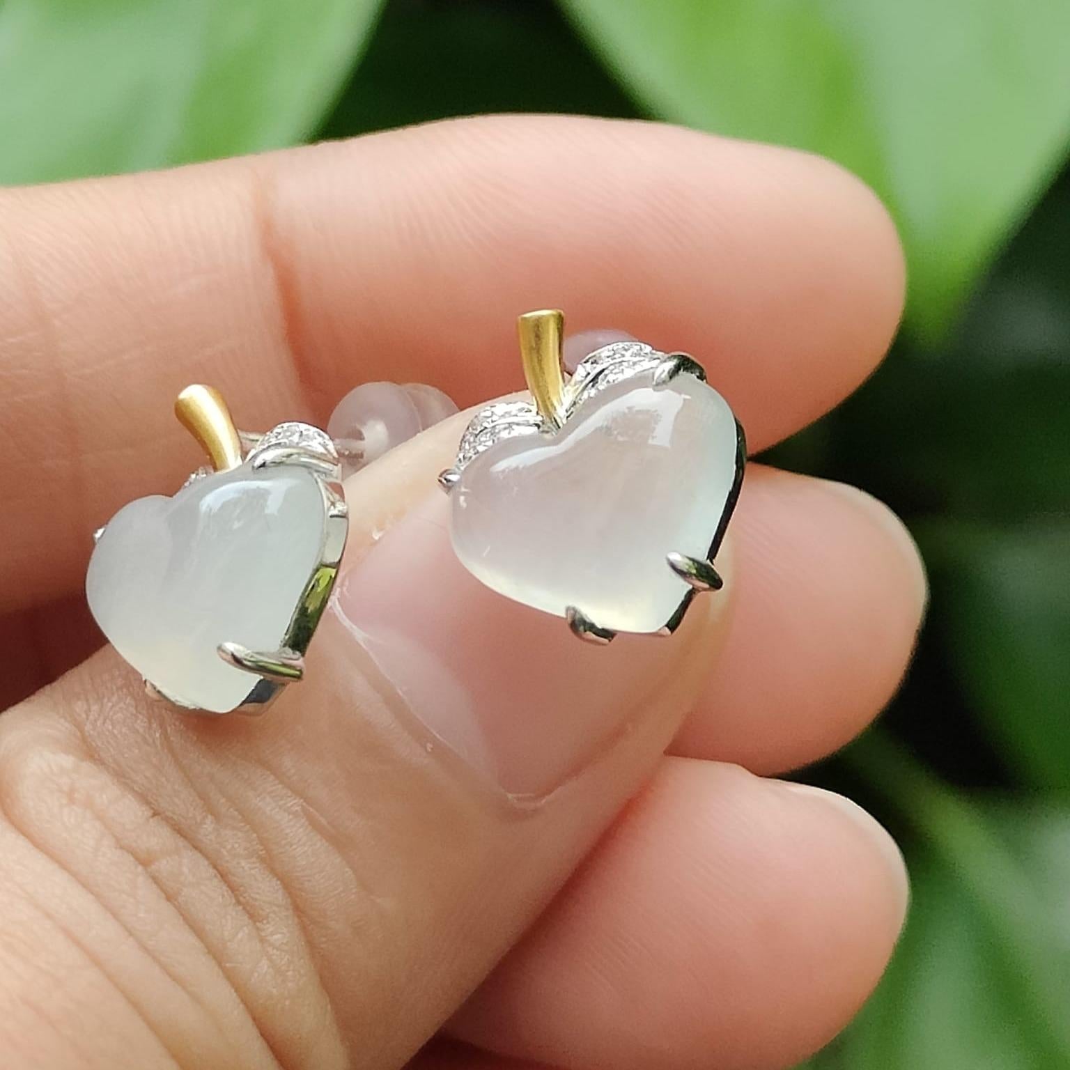 Heart Shape Icy Translucent Natural Type A Jadeite Jade Cabochons design as Apple shape with 18k stud earrings, certificate weighs 2.65 grams (18k06) Yi Pin Qian Jadeites Jade Jewelry ~Your Precious Quintessential ~ Singapore