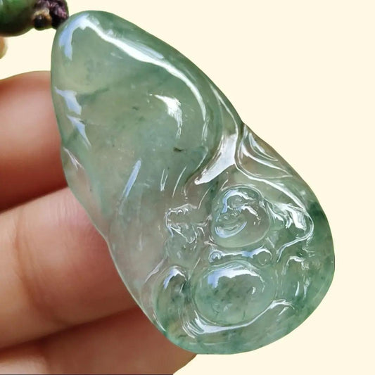 An Old Collection Crafted with Milo Buddha on Natural Type A Jadeite Jade as Pendant, certificate weighs 5.6 grams, measurement 36.5 * 18.2 * 4.7 mm (pendant361) Yi Pin Qian Jadeites Jade Jewelry ~Your Precious Quintessential ~ Singapore