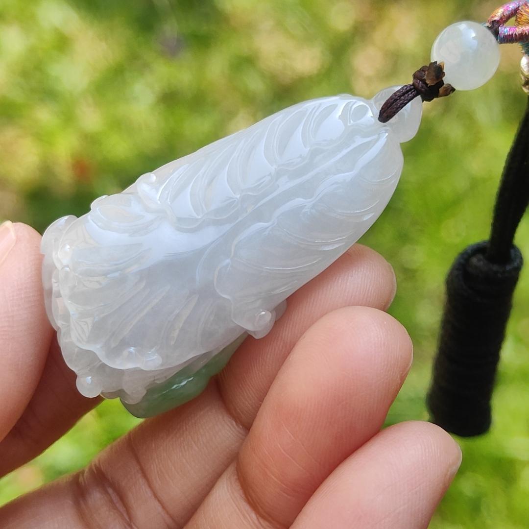 Semi Icy Natural Type A Jadeite Jade with green crafted as Chinese Cabbage Pendant, with certificate weigh 21.33 grams, measurement 47 * 25 * 12 mm (pendant197) Yi Pin Qian