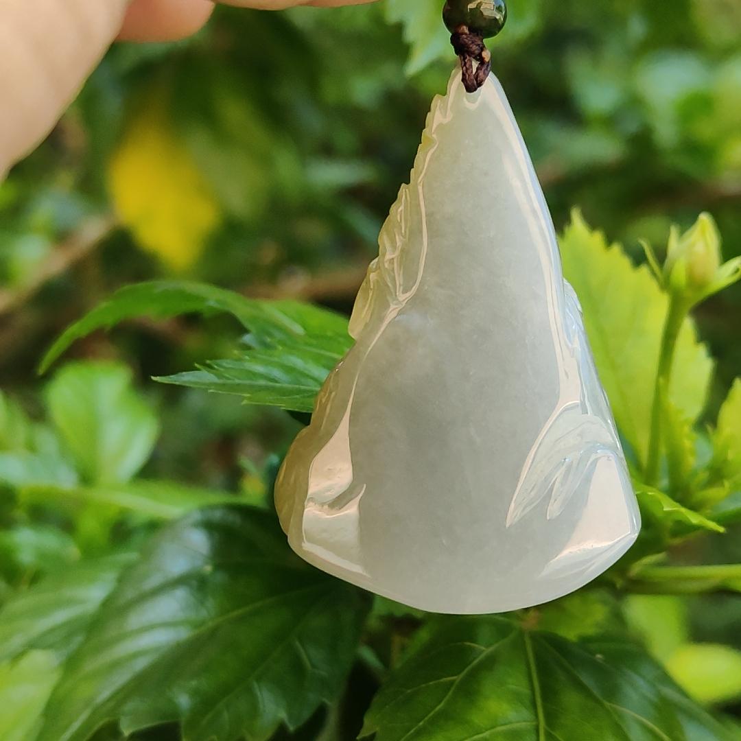 Very Unique and Rare Light Purple with Yellow Natural Type A Jadeite Pendant Crafted with waterfall, moutain, houses and coconut trees, symbols of money, power of life, Extend upwards with certificate weigh 31.55 grams, 49 * 32.3 * 13.5 mm, (pendant70) Yi Pin Qian