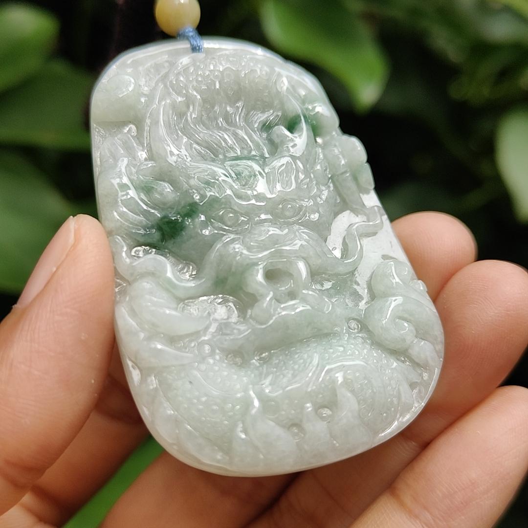 Green Floating Patches rare old-school Natural Type-A Jadeite-Jade crafted with traditional Dragon as Pendant, certificate weighs 34.91 grams, measurement 60.6 * 38.8 * 8.2 mm (pendant302) Yi Pin Qian Jadeites Jade Jewelry ~Your Precious Quintessential ~ Singapore
