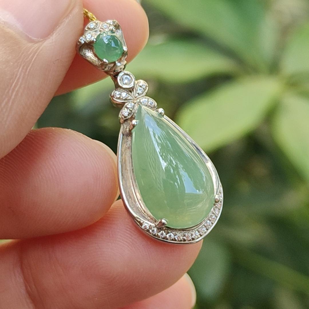 Apple Green Quality Translucent Drop Shape Cabochon on Natural Type A Jadeite Jade set on S925 as pendant, certificate weighs 3.12 grams, measurement 16.3 * 9.2 *4 mm (s925p3) Yi Pin Qian Jadeites Jade Jewelry ~Your Precious Quintessential ~ Singapore