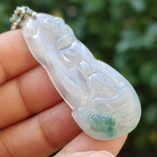Icy variety Translucent with green Natural Type A Jadeite Pendant Necklace crafted as the faceless buddha with symbols of Holy and blessed blessings of wealth, prosperity and happiness with certificate weigh 11.02 grams, 49.9 * 19.9 * 7 mm (pendant34) Yi Pin Qian