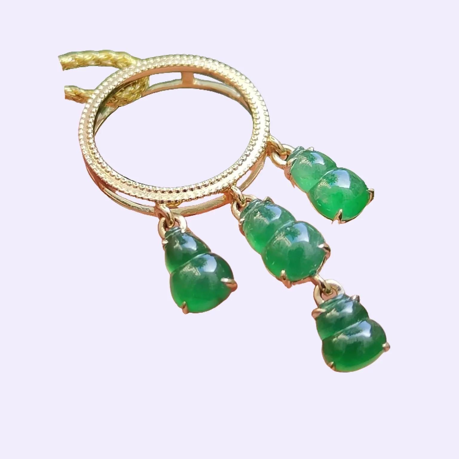 Four Green Gourd Shape Natural Type A Jadeite Jade set with 18k as Pendant, certificate weighs 1.66 grams (18kp93) Yi Pin Qian Jadeites Jade Jewelry ~Your Precious Quintessential ~ Singapore